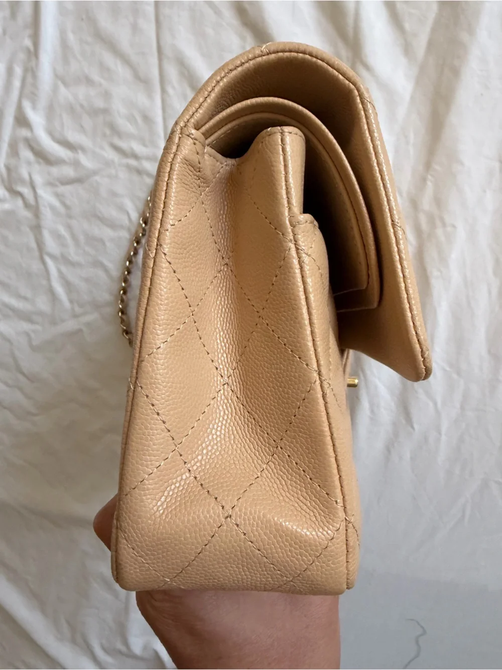 CHANEL Beige Quilted Medium Double Flap Bag with Gold Hardware